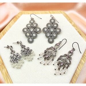 Vintage Filigree Dangle Chandelier Earrings Lot 3 Silver Tone Clear Rhinestone